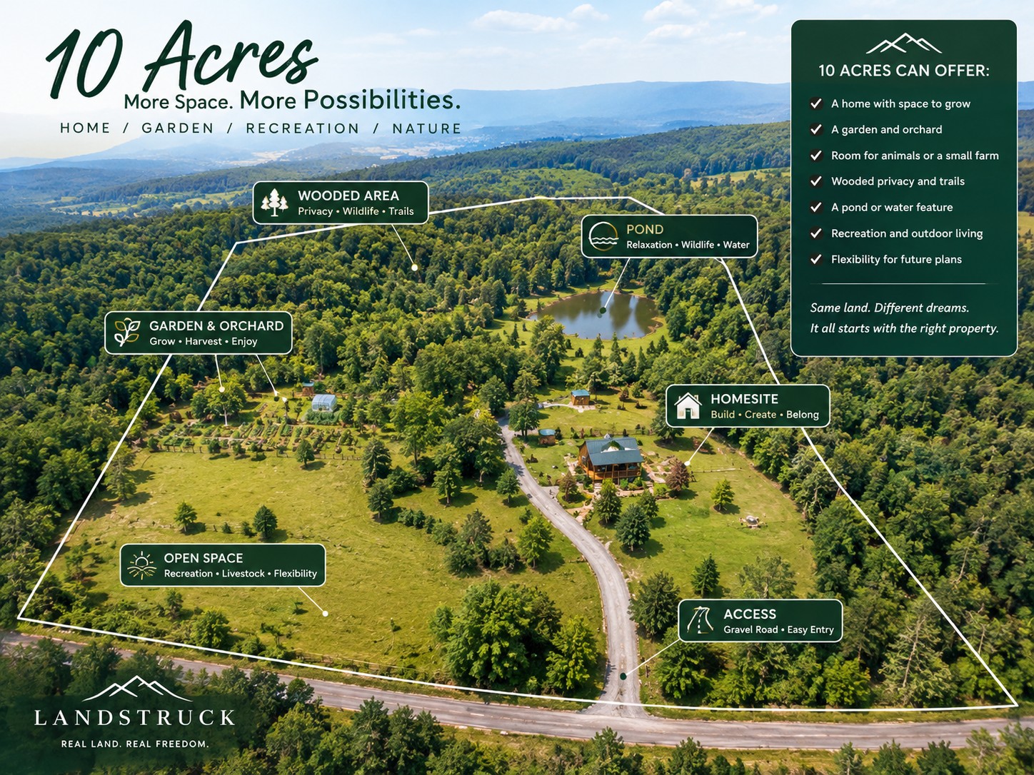 Rural acreage with open space, orchard, and wooded surroundings.