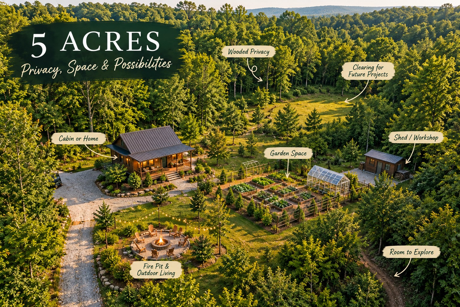 Wooded rural retreat with a garden and small cabin.