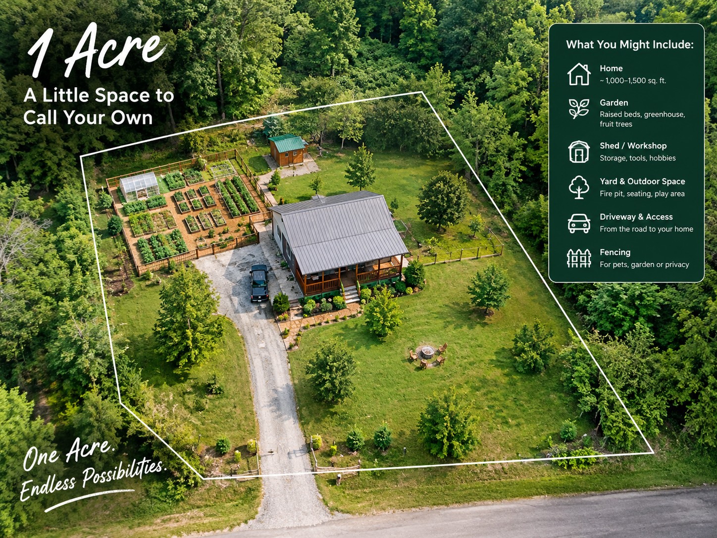 Compact rural homesite with a garden and surrounding yard.